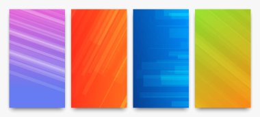 Çizgileri olan dört modern renkli arkaplan seti. Parlak geometrik soyut sunum arkaplanları. Vektör illüstrasyonu