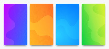 Dalga çizgileri olan dört modern renkli arka plan seti. Parlak geometrik soyut sunum arkaplanları. Vektör illüstrasyonu