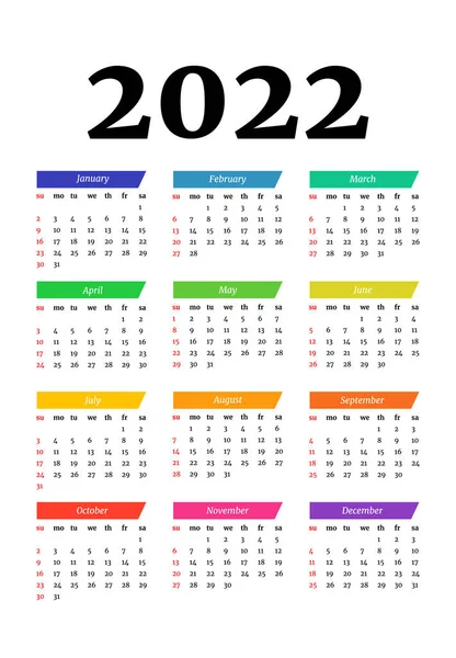 Calendario 2022 Isolato Sfondo Bianco Domenica Lunedì Modello Business Illustrazione — Vettoriale Stock