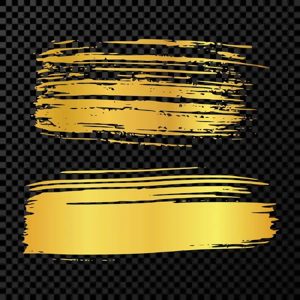 İki altın fırça darbesi. El çizimi mürekkep lekeleri koyu şeffaf arka planda izole. Vektör illüstrasyonu