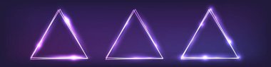 Üç neon üçgen çerçeve seti. Koyu arkaplanda parlak efektler var. Boş parlayan tekno fon. Vektör illüstrasyonu