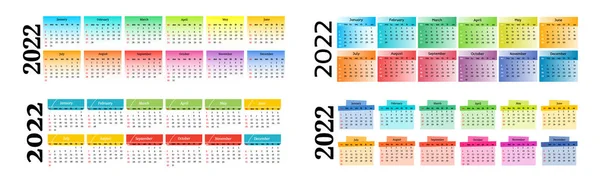 Conjunto Calendários Horizontais Para 2022 Isolados Sobre Fundo Branco Domingo — Vetor de Stock