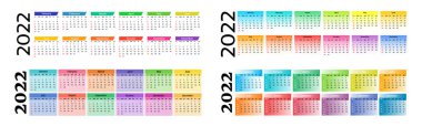 2022 için bir dizi yatay takvim beyaz arka planda izole edildi. Pazardan pazartesiye, iş planı. Vektör illüstrasyonu