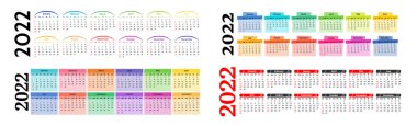2022 için bir dizi yatay takvim beyaz arka planda izole edildi. Pazardan pazartesiye, iş planı. Vektör illüstrasyonu
