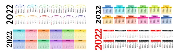 Conjunto Calendarios Horizontales Para 2022 Aislados Sobre Fondo Blanco Domingo — Vector de stock