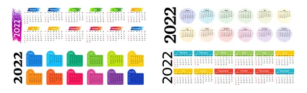 Set Calendari Orizzontali 2022 Isolati Sfondo Bianco Domenica Lunedì Modello — Vettoriale Stock