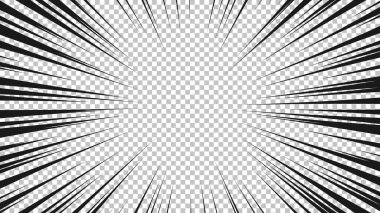 Şeffaf arkaplanda siyah çizgileri olan çizgi roman sayfası. Patlama ışınları desenli şablon dokuyu etkiler. Vektör illüstrasyonu