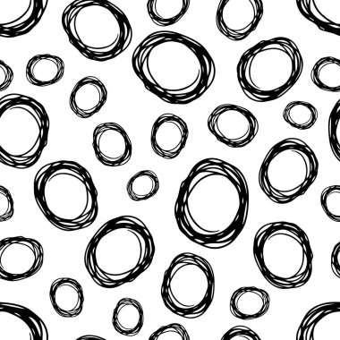 Kusursuz desenli, el çizimi, beyaz zemin üzerine çizilmiş karalama çemberleri. Soyut grunge dokusu. Vektör illüstrasyonu