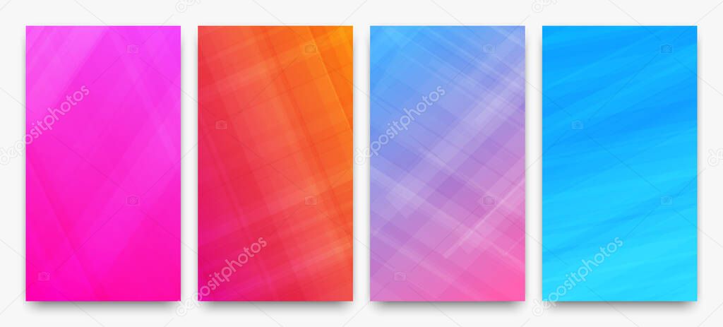 Set of four modern colorful gradient backgrounds with lines. Bright geometric abstract presentation backdrops. Vector illustration