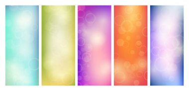 Bulanık bokeh ışık efektli soyut arkaplan. Modern renkli dairesel bulanık ışık arka planı seti. Vektör illüstrasyonu