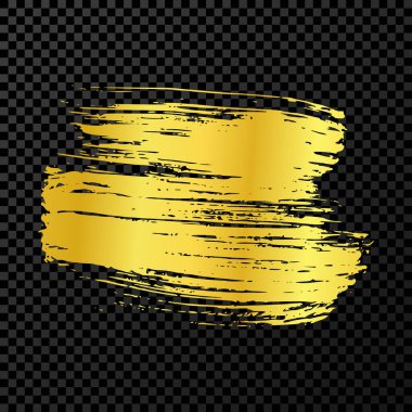 Altın fırça darbesi. El çizimi mürekkep lekeleri koyu şeffaf arka planda izole. Vektör illüstrasyonu
