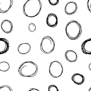 Kusursuz desenli, el çizimi, beyaz zemin üzerine çizilmiş karalama çemberleri. Soyut grunge dokusu. Vektör illüstrasyonu