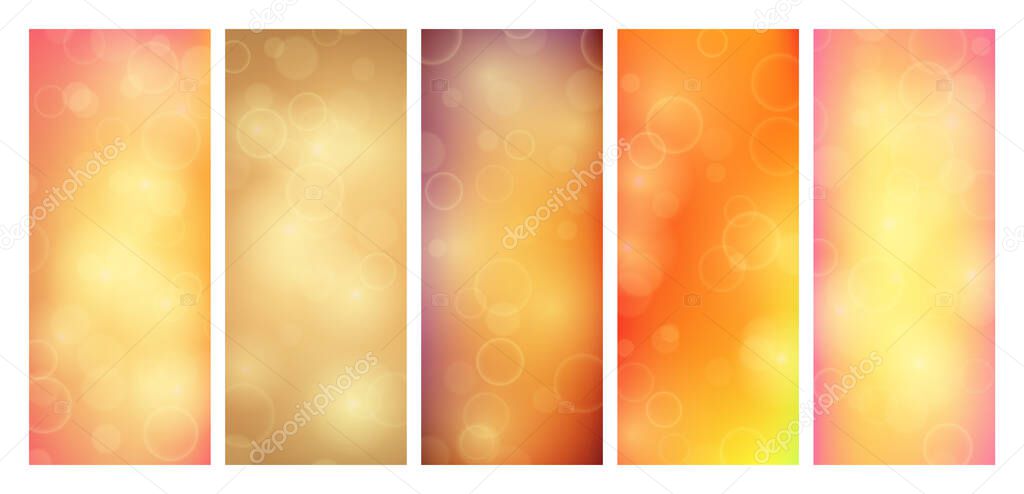 Abstract background with orange blur bokeh light effect. Set of modern colorful circular blur light backdrop. Vector illustration