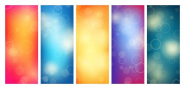 Bulanık bokeh ışık efektli soyut arkaplan. Modern renkli dairesel bulanık ışık arka planı seti. Vektör illüstrasyonu