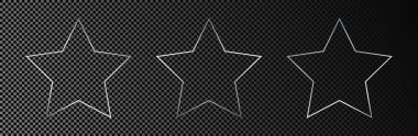Koyu şeffaf arkaplanda üç gümüş parıldayan yıldız şekilli çerçeve seti. Parlak efektli parlak bir çerçeve. Vektör illüstrasyonu