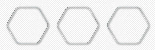 Набор Трех Серебристых Светящихся Круглых Шестиугольных Рам Изолированных Прозрачном Фоне — стоковый вектор