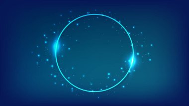 Parlak efektleri ve koyu arkaplanda parıltıları olan neon yuvarlak çerçeve. Boş parlayan tekno fon. Vektör illüstrasyonu
