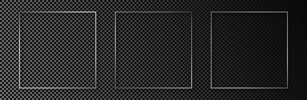 Набір Трьох Срібних Сяючих Квадратних Рамок Ізольованих Темному Прозорому Фоні — стоковий вектор
