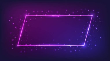 Parlak efektli neon çerçeve ve karanlık arka planda parıltılar. Boş parlayan tekno fon. Vektör illüstrasyonu