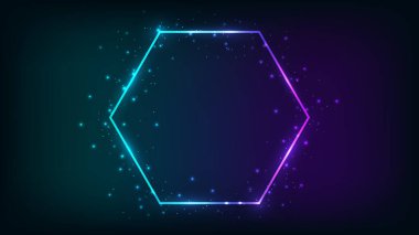 Parlak efektleri ve koyu arkaplanda parıltıları olan neon altıgen çerçeve. Boş parlayan tekno fon. Vektör illüstrasyonu
