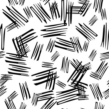 Beyaz arka planda soyut şekillerde siyah kalem fırça darbeleriyle kusursuz desen. Vektör illüstrasyonu