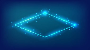 Neon eşkenar dörtgen çerçeve, parlak efektler ve koyu arkaplanda parıltılar. Boş parlayan tekno fon. Vektör illüstrasyonu
