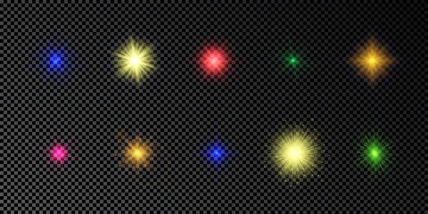 Efecto Luminoso Las Bengalas Conjunto Luces Brillantes Multicolores Efectos Explosión — Archivo Imágenes Vectoriales