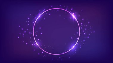 Parlak efektleri ve koyu arkaplanda parıltıları olan neon yuvarlak çerçeve. Boş parlayan tekno fon. Vektör illüstrasyonu