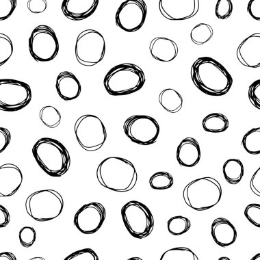 Kusursuz desenli, el çizimi, beyaz zemin üzerine çizilmiş karalama çemberleri. Soyut grunge dokusu. Vektör illüstrasyonu