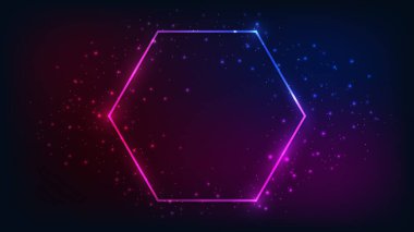Parlak efektleri ve koyu arkaplanda parıltıları olan neon altıgen çerçeve. Boş parlayan tekno fon. Vektör illüstrasyonu