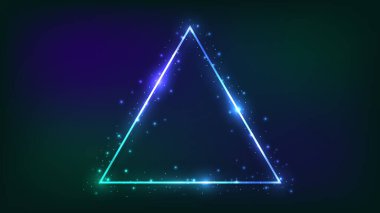 Parlak efektleri ve koyu arkaplanda parıltıları olan neon üçgen çerçeve. Boş parlayan tekno fon. Vektör illüstrasyonu
