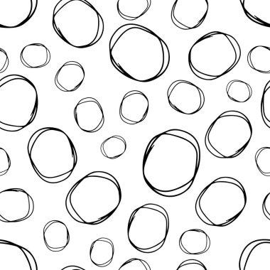 Kusursuz desenli, el çizimi, beyaz zemin üzerine çizilmiş karalama çemberleri. Soyut grunge dokusu. Vektör illüstrasyonu