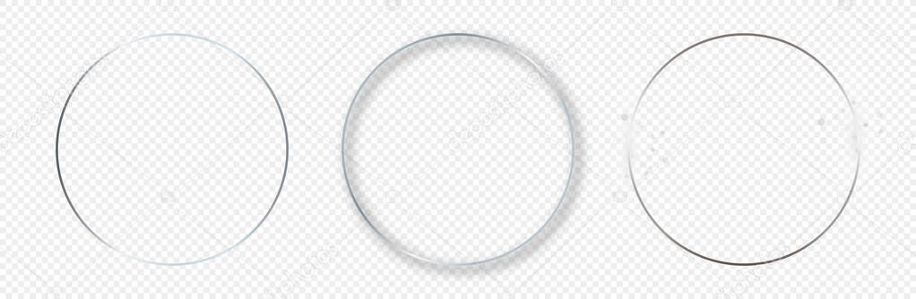Set of three silver glowing circle frames isolated on transparent background. Shiny frame with glowing effects. Vector illustration