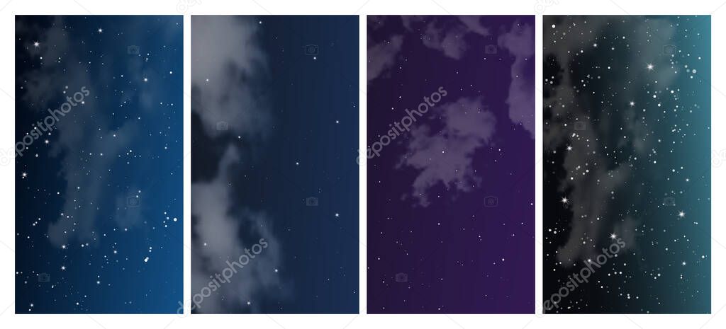 Night sky with many stars. Set of four abstract nature backgrounds with stardust in deep universe. Vector illustration
