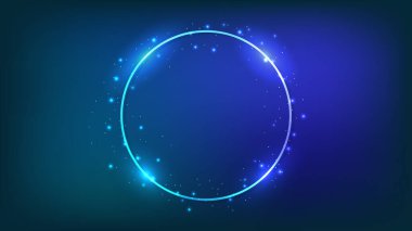 Parlak efektleri ve koyu arkaplanda parıltıları olan neon yuvarlak çerçeve. Boş parlayan tekno fon. Vektör illüstrasyonu