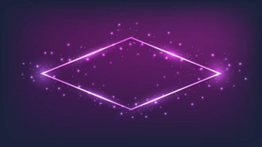 Neon eşkenar dörtgen çerçeve, parlak efektler ve koyu arkaplanda parıltılar. Boş parlayan tekno fon. Vektör illüstrasyonu