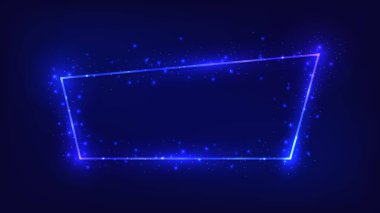 Parlak efektli neon çerçeve ve karanlık arka planda parıltılar. Boş parlayan tekno fon. Vektör illüstrasyonu