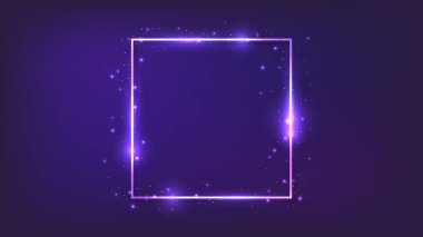 Parlak efektleri ve koyu arkaplanda parıltıları olan neon kare çerçeve. Boş parlayan tekno fon. Vektör illüstrasyonu.