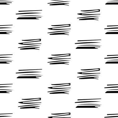 Beyaz arka planda soyut şekillerde siyah kalem fırça darbeleriyle kusursuz desen. Vektör illüstrasyonu