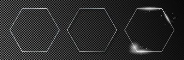 Üç gümüş parıldayan altıgen çerçeve seti koyu şeffaf arka planda izole edildi. Parlak efektli parlak bir çerçeve. Vektör illüstrasyonu