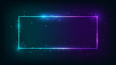 Parlak efektleri ve koyu arkaplanda parıltıları olan neon dikdörtgen çerçeve. Boş parlayan tekno fon. Vektör illüstrasyonu