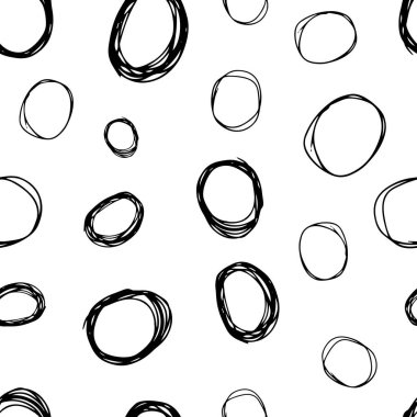 Kusursuz desenli, el çizimi, beyaz zemin üzerine çizilmiş karalama çemberleri. Soyut grunge dokusu. Vektör illüstrasyonu