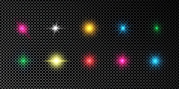 Efecto Luminoso Las Bengalas Conjunto Luces Brillantes Multicolores Efectos Explosión — Vector de stock