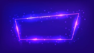 Parlak efektli neon çerçeve ve karanlık arka planda parıltılar. Boş parlayan tekno fon. Vektör illüstrasyonu