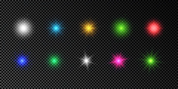 镜头照明弹的光效 一组五彩斑斓的灯光在黑暗而透明的背景上闪烁着星星光 矢量说明 — 图库矢量图片
