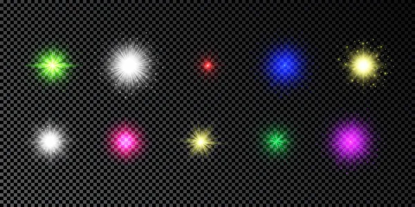 Efecto Luminoso Las Bengalas Conjunto Luces Brillantes Multicolores Efectos Explosión — Archivo Imágenes Vectoriales