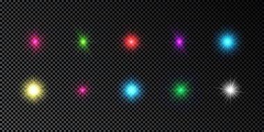 Lens fişeklerinin ışık etkisi. Koyu şeffaf bir arka planda parıltılı çok renkli parlak ışık efektleri. Vektör illüstrasyonu