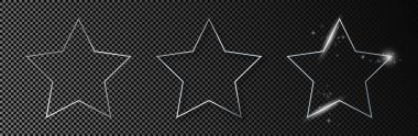 Koyu şeffaf arkaplanda üç gümüş parıldayan yıldız şekilli çerçeve seti. Parlak efektli parlak bir çerçeve. Vektör illüstrasyonu