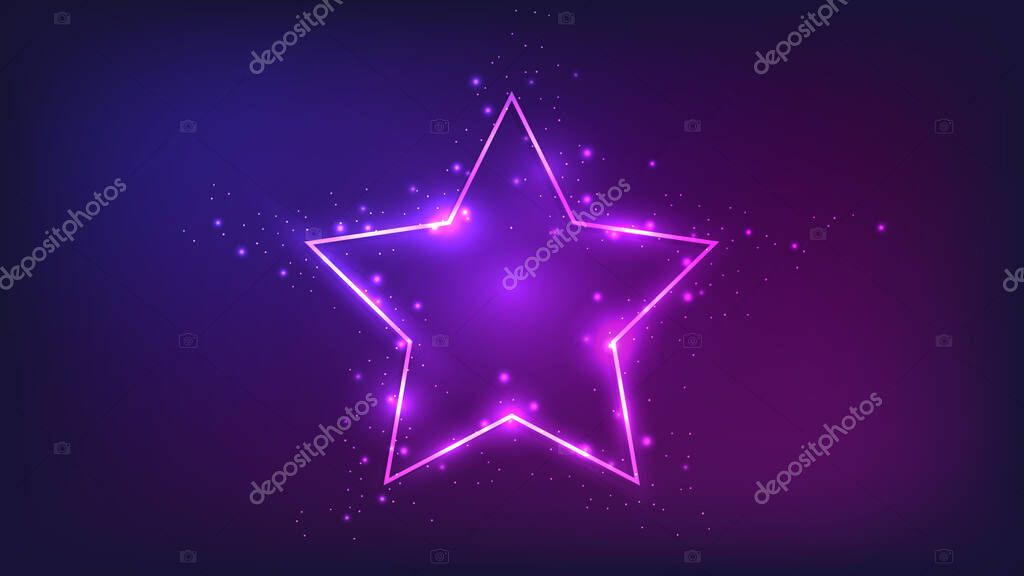 Neon frame in star form with shining effects and sparkles on dark background. Empty glowing techno backdrop. Vector illustration