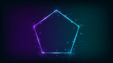 Pentagon formunda neon çerçeve, parlak efektler ve karanlık arka planda parıltılar. Boş parlayan tekno fon. Vektör illüstrasyonu.